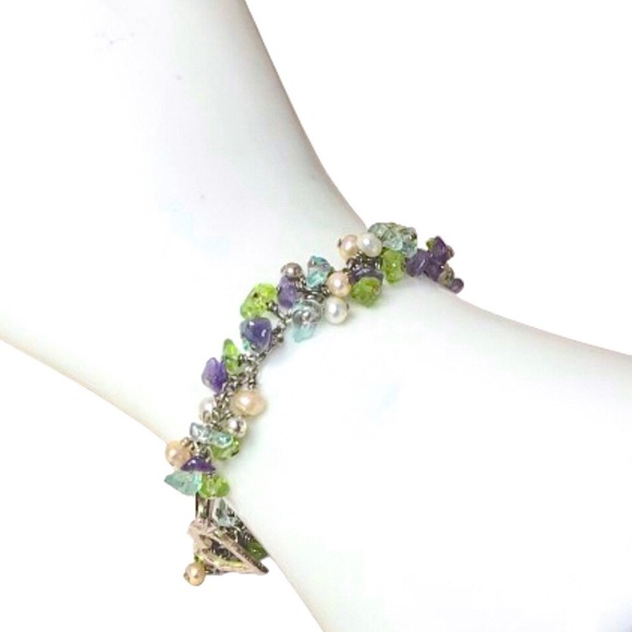 STERLING SILVER Cha Cha Gem Bracelet w/ Heart Charm Peridot Topaz Amethyst Pearl - Picture 3 of 12
